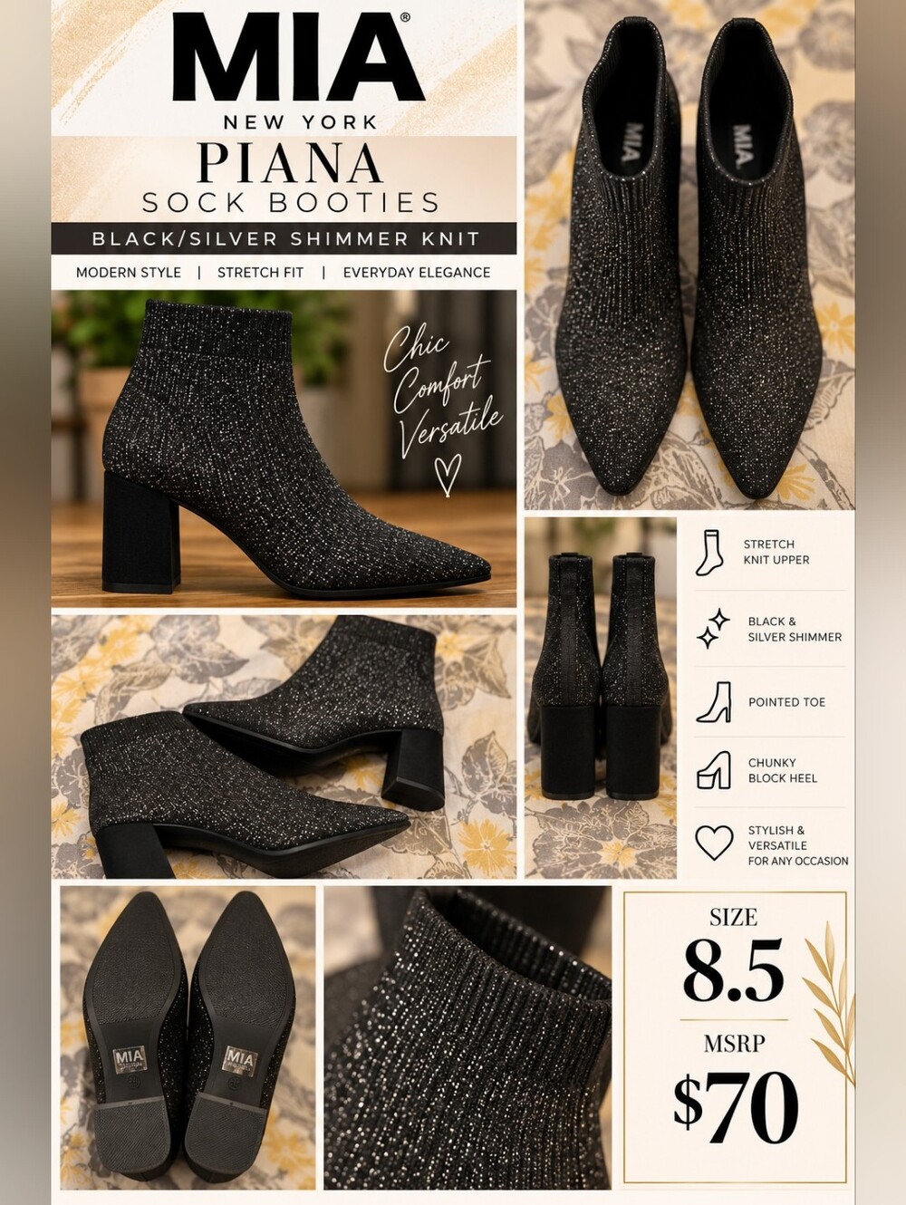 MIA Black & Silver Shimmer Knit Sock Booties - NWOB